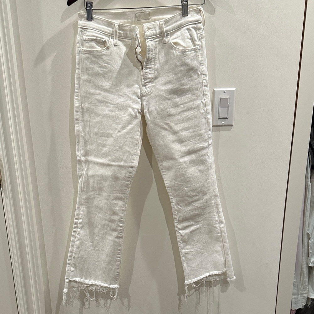 MOTHER White Frayed Hem Flare Jeans
